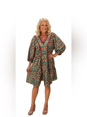 entro Floral V-Neck Mini Dress in Mustard, Green and Rust Size Large